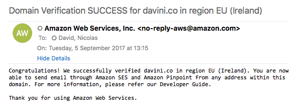 Amazon SES validation email domain verification